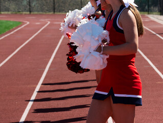 Cheerleaders waving their pom poms on the sidelines of a football game