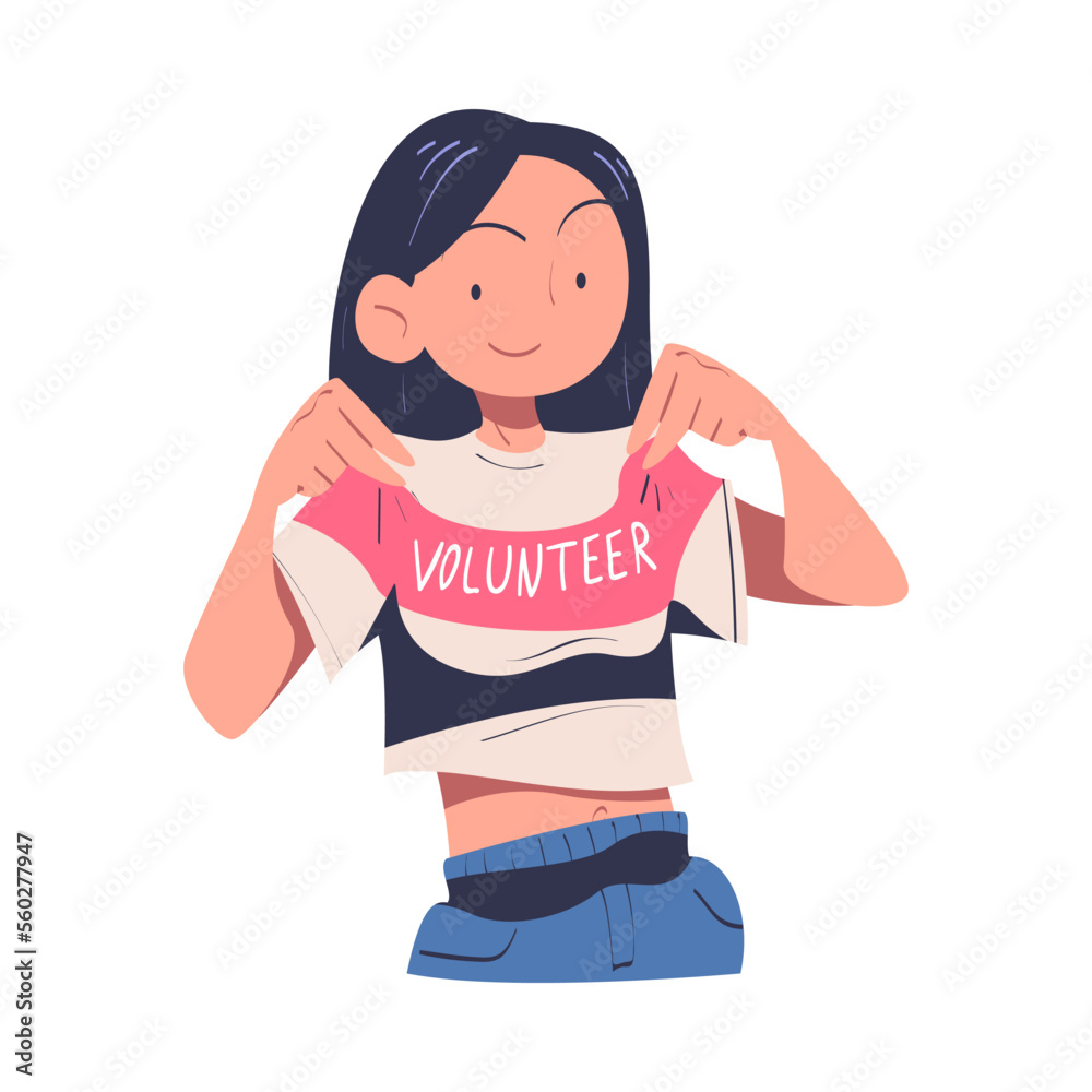 Poster Young Smiling Woman Volunteer Wearing Sweatshirt with Inscription Vector Illustration