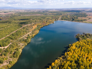 Obraz premium Aerial view of Pyasachnik (Sandstone) Reservoir, Bulgaria
