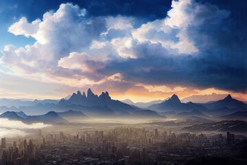 Obraz premium Metropolitan cyberpunk cityscape surrounded by mountains ,made with Generative AI