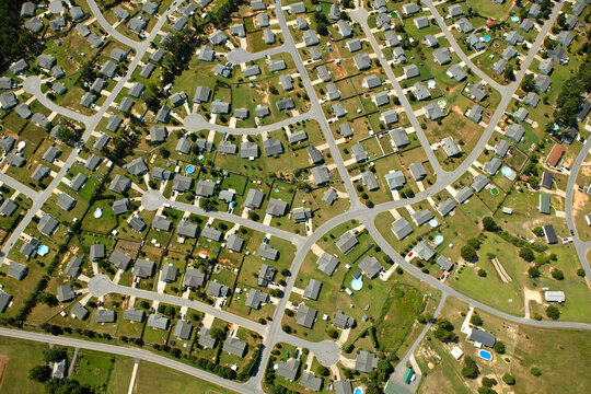 An aerial view of a planned suburban community.