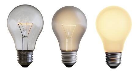 three different light bulbs isolated on transparent background