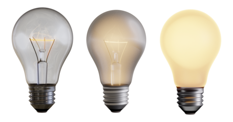 three different light bulbs isolated on transparent background