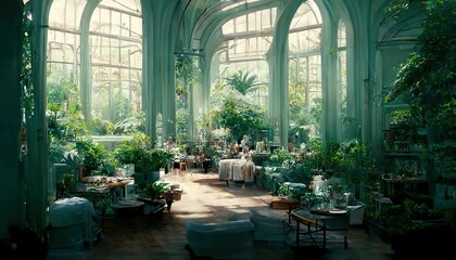Overgrown greenhouse, conservatory with tropical plants ,made with Generative AI