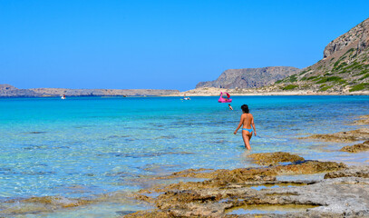 Blick von der Balos  Bucht auf die Insel Gramvousa, Kreta (Griechenland)	