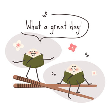 Cute onigiri with chopsticks, sakura blossoms. Cartoon characters with text. Japanese dish. Doodle drawn vector illustration for menu, poster, flyer, banner, cooking concept