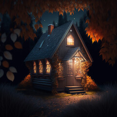 : Small wood cabin. Image generated with generative AI