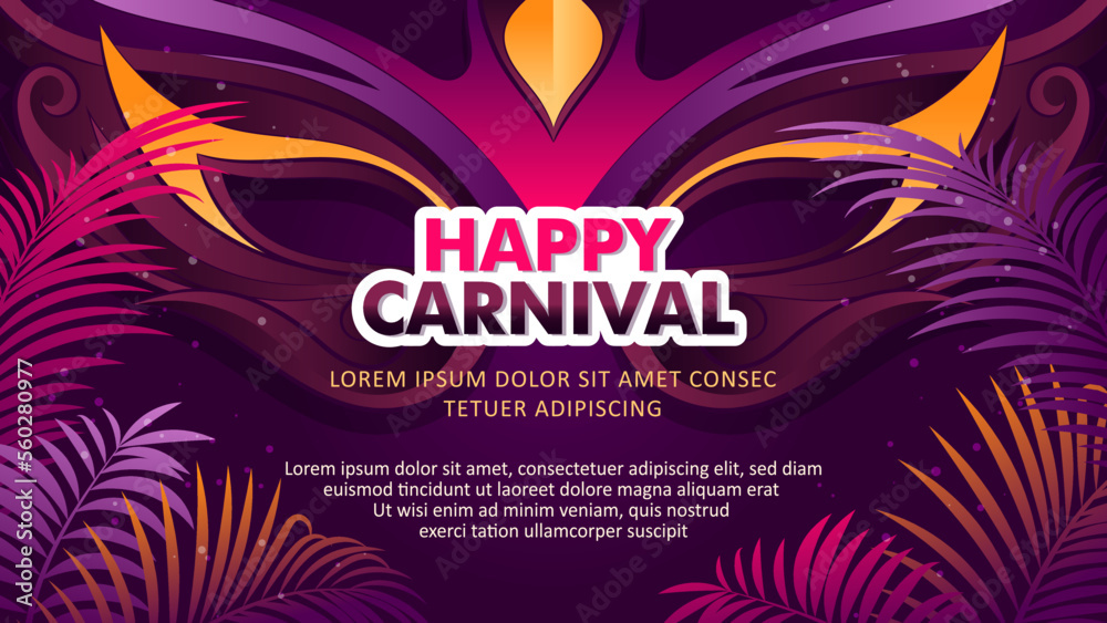 Wall mural elegant brazilian carnival flyer template with golden, dark purple mask and palm leaves design