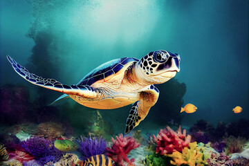 Big turtle swimming in the ocean, underwater background ,made with Generative AI