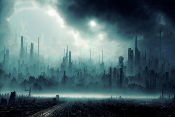 Futuristic fantasy city. Big, tall buildings, urban town architecture ,made with Generative AI