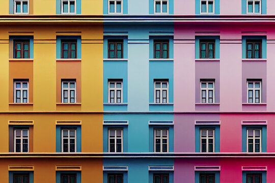 Modern bright rainbow facade. Multicolor wall of a public building. Positive vibrant architecture ,made with Generative AI