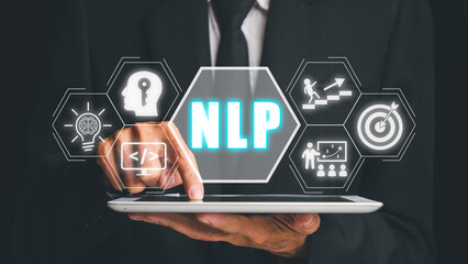 NLP natural language processing cognitive computing technology concept, Business person using digital tablet with VR screen NLP icon, AI Artificial intelligence.