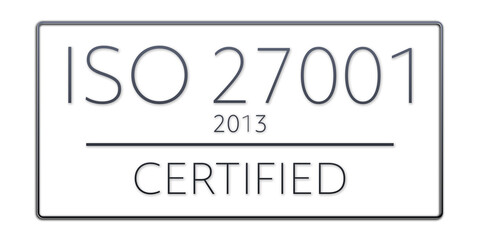 Iso 27001:2013 - standard certificate badge for quality management system. Button isolated on white background