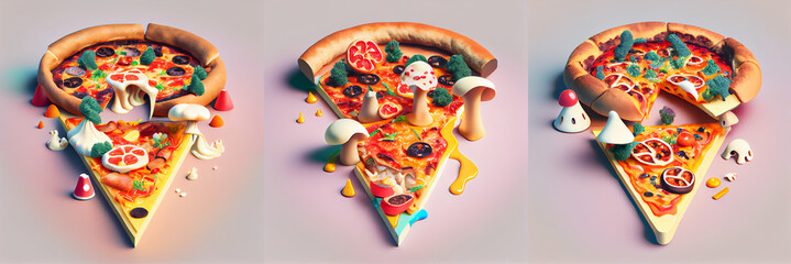 Surreal slice of pizza. isolated compositions, collection