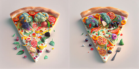 Slize of pizza with colorful ingredients, collection