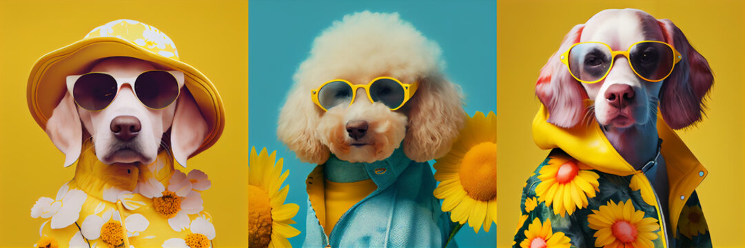 Cute dogs in a fashion costume, collection. One tone background with flowers.