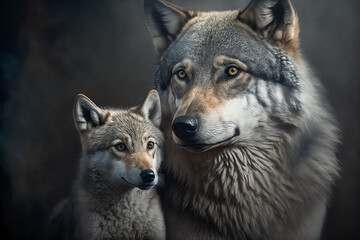 Fototapeta premium Gray Wolf Mother and Baby Pup, Cute Wolves, Generative AI