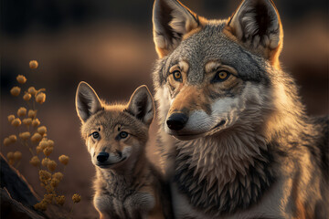 Fototapeta premium Gray Wolf Mother and Baby Pup, Cute Wolves, Generative AI