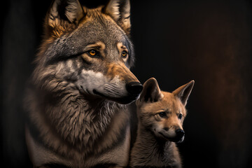 Gray Wolf Mother and Baby Pup, Cute Wolves, Generative AI