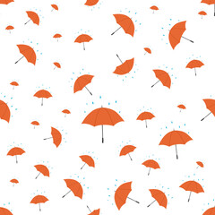 Fototapeta na wymiar Vector seamless background of umbrellas with water drops on a white background. Orange umbrella flat illustration