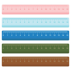 Ruler is a measuring or painting tool. Colorful rulers with pink, blue, navy, brown and green. School or office supplies and stationery. Vector illustration on white background.