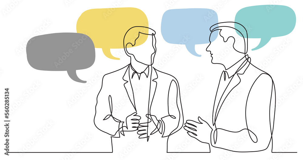 Wall mural two standing businessmen talking discussing work problems with speech bubbles - png image with trans