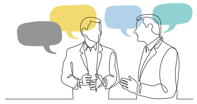two standing businessmen talking discussing work problems with speech bubbles - PNG image with transparent background