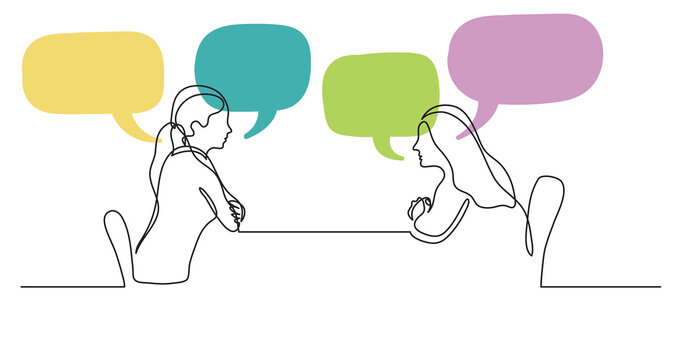 two young women sitting behind table talking with speech bubbles - PNG image with transparent background