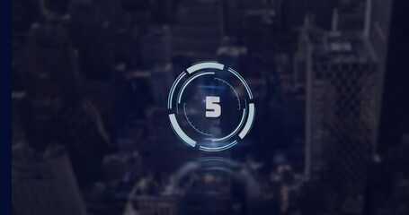 Animation of scope with countdown and data processing over cityscape - Powered by Adobe