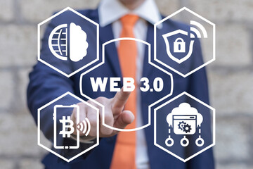 Businessman using virtual touch screen presses of inscription: WEB 3.0. Web 3.0 Technology Concept. New Web 3 AI IOT Big Data Tech. Decentralized internet network.