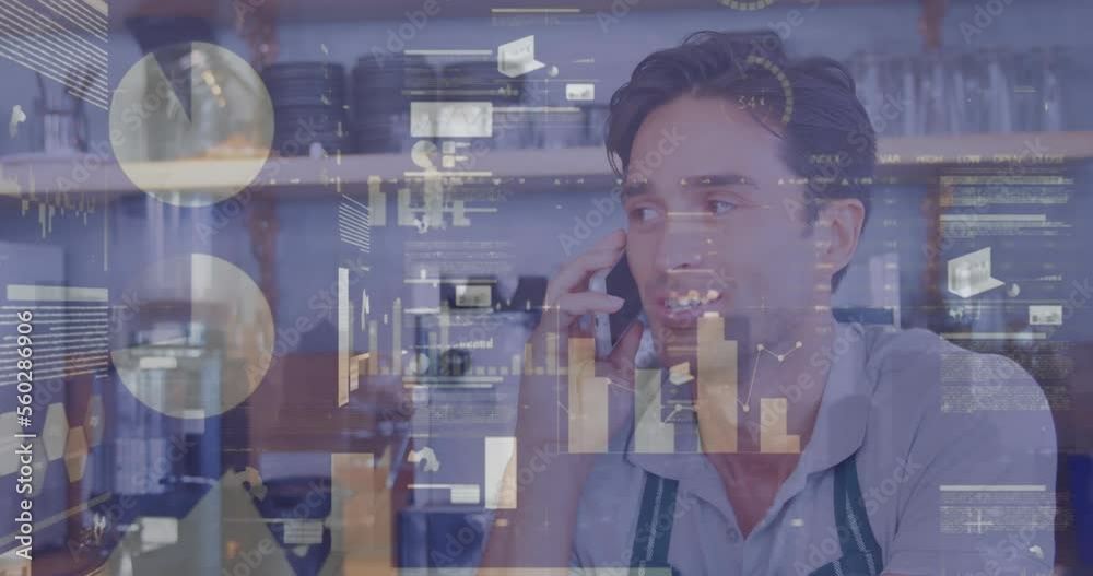 Poster animation of financial data processing over man using smartphone