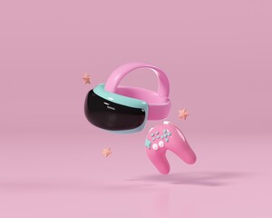 3d virtual world concept. VR glasses, play button and joypad on pink background. 3d illustration. © Vanhna