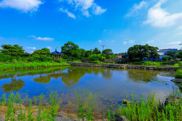 Fototapeta na wymiar 대한민국 제주도에 있는 모산이 연못이라 부르는 연못의 아름다운 풍경이다.