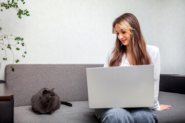 A young girl is holding a laptop and a cat is sitting on the sofa and looking at each other. A girl is sitting on a sofa and using a laptop, a gray cat is sitting next to her. The woman works, blogs.