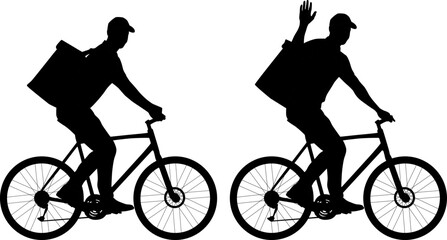Fototapeta premium Set of silhouettes of delivery guy riding a bicycle. Delivery man with a package on the bike waves his hand. Vector flat style illustration isolated on white. Full-length view