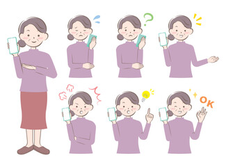スマホを持つ様々な表情のシニア女性