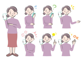 スマホを持つ様々な表情のシニア女性
