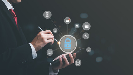 businessman connected network with virtual icon,internet security concept, cyber security online, digital security unlocking or encryption, secure login authorization,Protecting data from theft