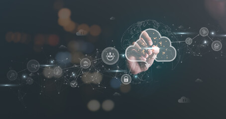 Cloud computing concept,digital network data connection technology, modern communication with information technology, innovation online backup with highly secure protection,man pointing with pen icon