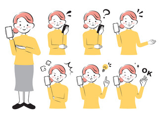 スマホを持つ様々な表情のシニア女性　3c