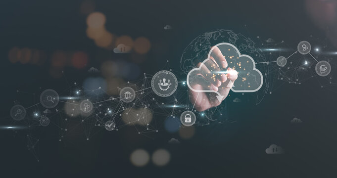 Cloud computing concept,digital network data connection technology, modern communication with information technology, innovation online backup with highly secure protection,man pointing with pen icon