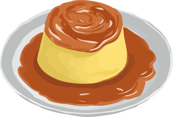 carame pudding on white plate digital illustration
