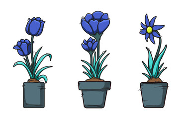 Bold outline purple flower on pot for sticker and decoration