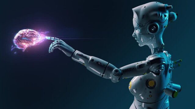 A female robot interacts with the human brain. the concept of Neural Networks and their training with human intelligence.