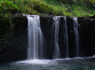 Fototapeta na wymiar Soft flowing Waterfall with bright green bushes.
