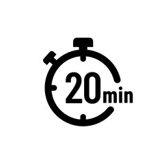20 minutes timer or 20 minutes stopwatch icon vector on white background. 20 minutes timer, stopwatch or countdown icon. Time measure. Chronometr icon. Best 20 minutes icon vector.