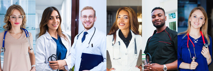 Collection of professional doctors portraits with smiling successful medical workers, physicians...