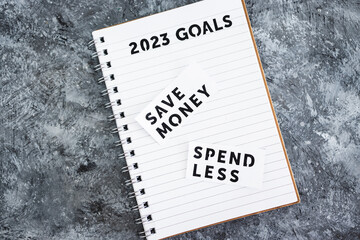 save money and spend less on 2023 goals notebook, financial stability and being free from debt