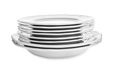 Stack of ceramic plates on white background