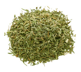 Pile of dried thyme isolated on white, top view